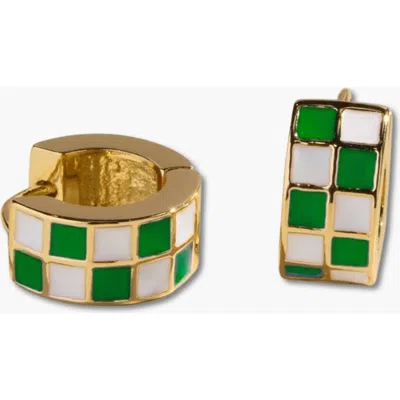 Nickel & Suede Checkered Enamel Huggies In Gold