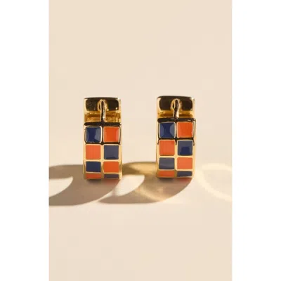 Nickel & Suede Checkered Enamel Huggies In Multi