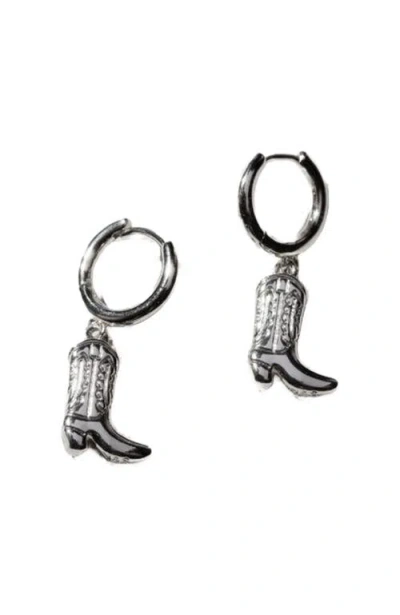 Nickel & Suede Cowgirl Boot Huggies Earrings In Metallic