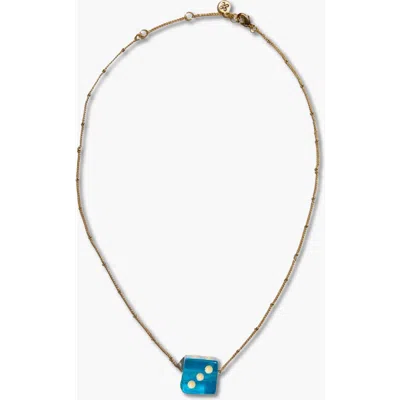 Nickel & Suede Dice Charm Necklace In Aqua Blue/gold