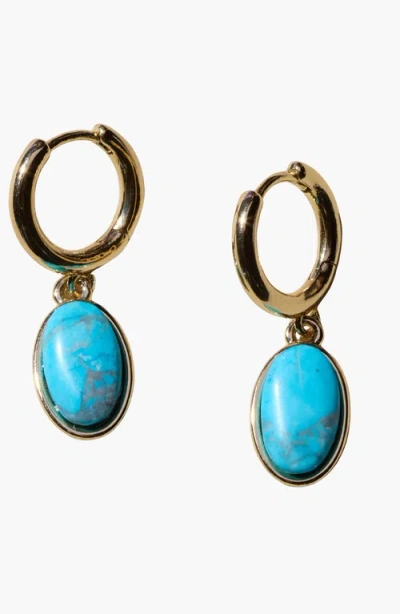 Nickel & Suede Oval Stone Huggies In Turquoise/gold