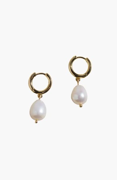 Nickel & Suede Pearl Drop Huggies In Gold