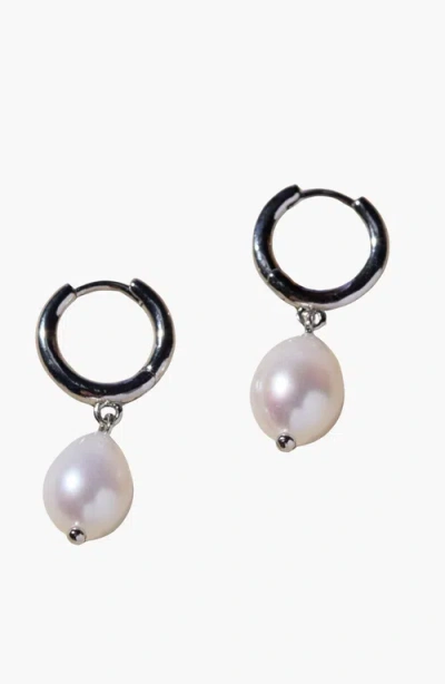 Nickel & Suede Pearl Drop Huggies In Metallic