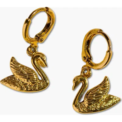Nickel & Suede Swan Huggies In Gold