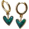 Nickel & Suede Sweetheart Huggie Earrings In Malachite/gold Metal