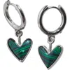 Nickel & Suede Sweetheart Huggie Earrings In Malachite/silver Metal