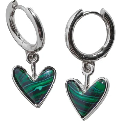Nickel & Suede Sweetheart Huggie Earrings In Malachite/silver Metal