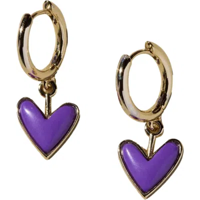 Nickel & Suede Sweetheart Huggie Earrings In Purple Stone/gold Metal