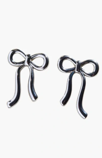 Nickel & Suede Vintage Bow Stud Earrings In Silver
