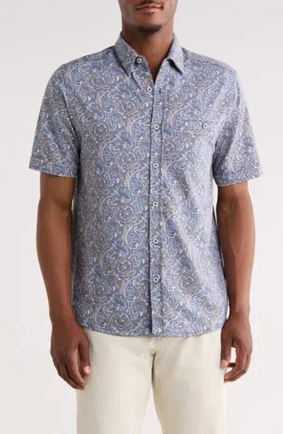 Nicoby Birdseye Paisley Short Sleeve Button-up Shirt In Blue