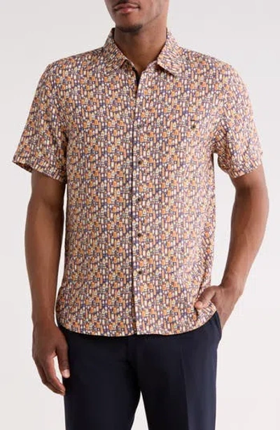 Nicoby Happy Hour Print Short Sleeve Button Down Shirt In Blue