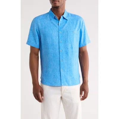 Nicoby Short Sleeve Pigment Washed Linen Blend Shirt In Blue