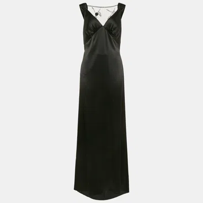 Pre-owned Nicole Bakti Black Satin Embroidery Detail Sleeveless Maxi Dress M