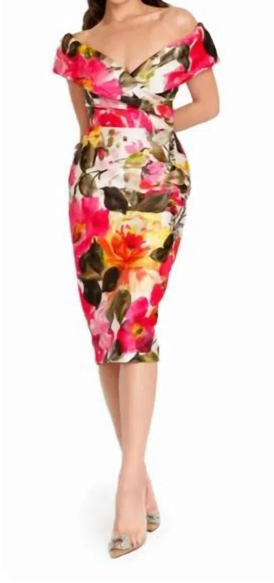 Nicole Bakti Floral Off Shoulder Dress In Fuchsia Multi