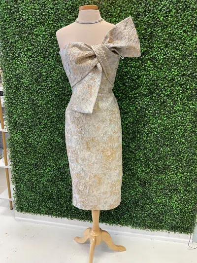 Nicole Bakti Jacquard Bow Cocktail Dressx In Champagne In White