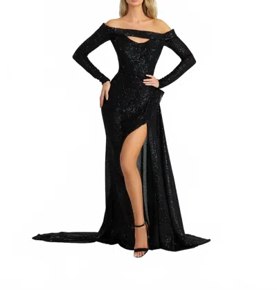 Nicole Bakti Off-shoulder Long Sleeve Gown In Black