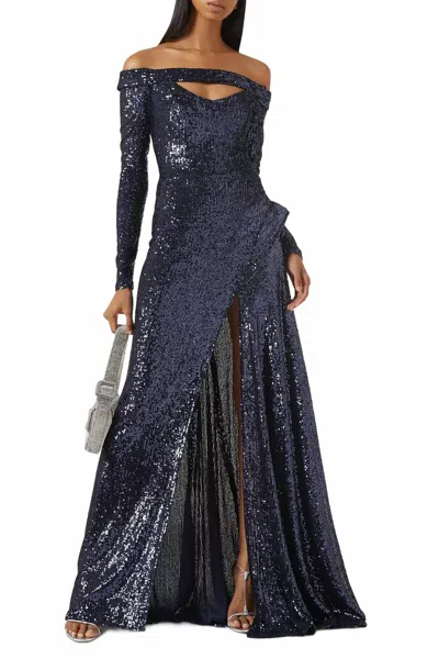 Nicole Bakti Off-shoulder Long Sleeve Gown In Royal In Blue