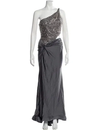 Pre-owned Nicole Bakti One-shoulder Long Dress In Gray