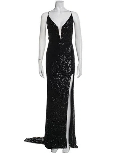 Pre-owned Nicole Bakti Plunge Neckline Long Dress In Black
