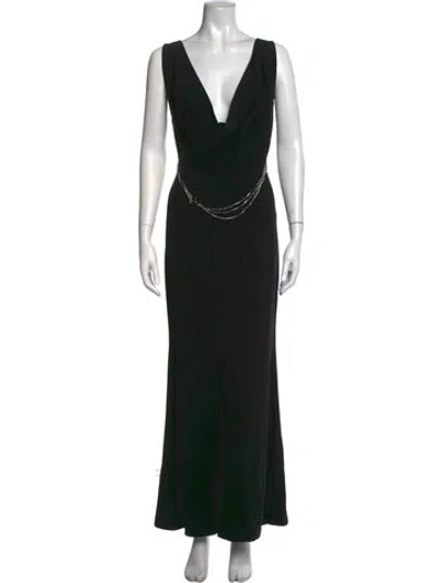 Pre-owned Nicole Bakti Plunge Neckline Long Dress In Black