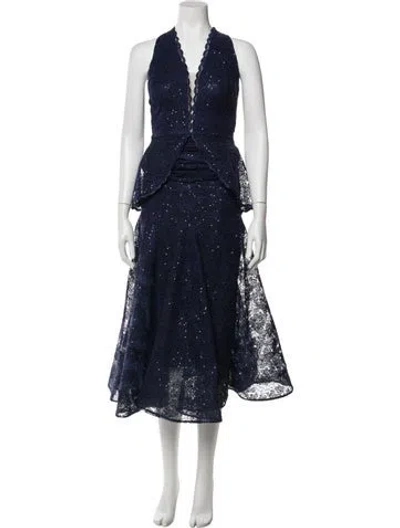 Pre-owned Nicole Bakti V-neck Long Dress In Blue