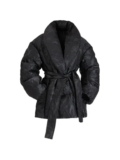 Nicole Benisti Floral-jacquard Belted Puffer Jacket In Black