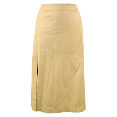 Pre-owned Nicole Farhi Size 10 Beige Leather Lambskin Side Zipper Midi Skirt In Brown