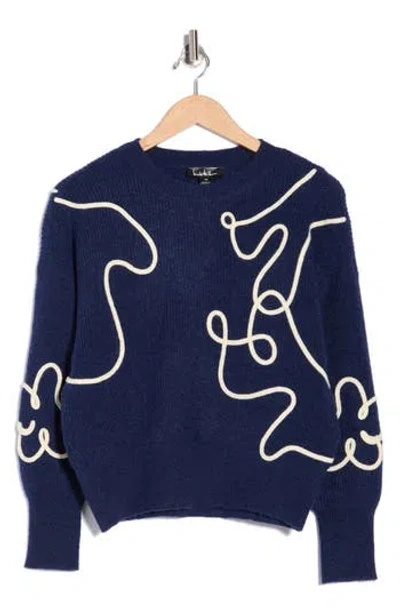 Nicole Miller Abstract Line Embroidered Sweater In Blue