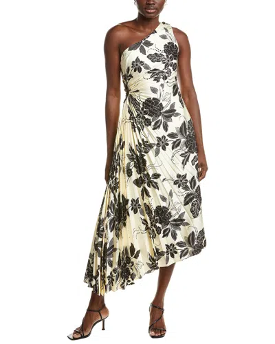 Nicole Miller Accordion Pleated One-shoulder Midi Dress In Neutral