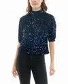 Nicole Miller Ava Velvet Sequin Short Sleeve Top In Navy In Blue