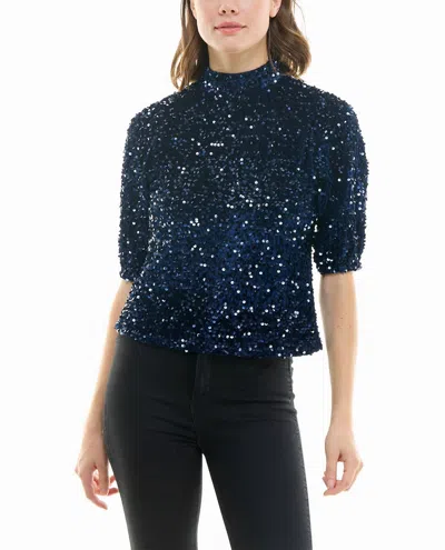 Nicole Miller Ava Velvet Sequin Short Sleeve Top In Navy In Blue