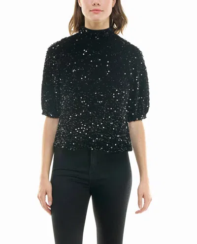 Nicole Miller Ava Velvet Sequin Short Sleeve Top In Very Black