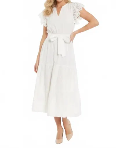 Nicole Miller Belted Eyelet Sleeve Tiered Dress In Brilliant White
