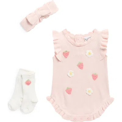 Nicole Miller Babies'  Berry Embroidered Sweater Romper, Headband & Socks Set In Neutral