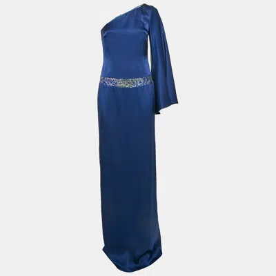 Nicole Miller Blue Sequin Embellished Satin Silk One Shoulder Cocktail Dress