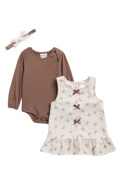 Nicole Miller Babies'  Bodysuit, Dress & Headband Set In Brown
