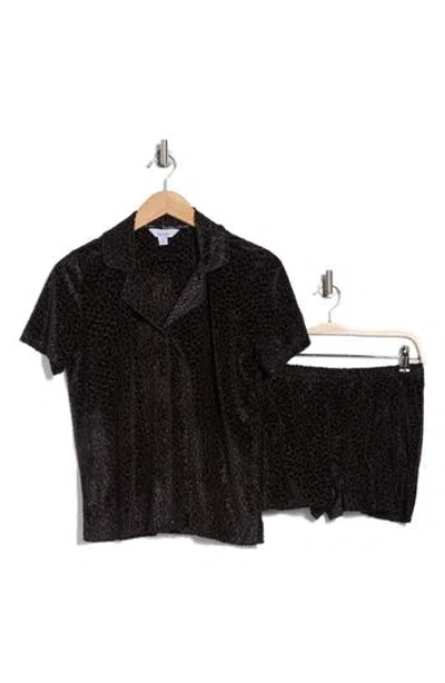 Nicole Miller Burnout Velvet Short Sleeve Top & Shorts Pajamas In Black Brnout Leo