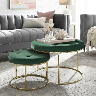 Nicole Miller Carlotta Velvet Nesting Ottoman Set Of 2 With Stainless Steel Polished Gold Frame In Green Velvet