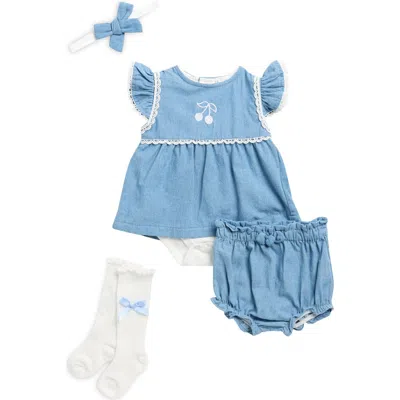 Nicole Miller Babies'  Cherry Embroidered Denim Skirted Bodysuit, Bloomers, Socks & Headband Set In Blue