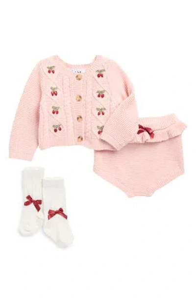 Nicole Miller Babies'  Cherry Embroidered Sweater, Bloomers & Socks Set In Pink