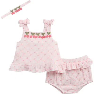 Nicole Miller Babies'  Cherry Gingham Tank, Bloomers & Headband Set In Pink
