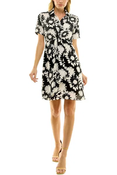 Nicole Miller Collared Gathered Front Floral Print Crepe Chiffon Dress In Black