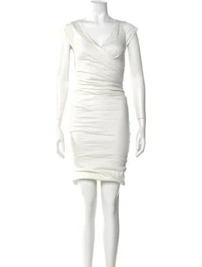 Pre-owned Nicole Miller Cowl Neck Knee-length Dress In White