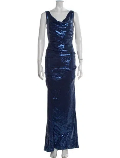 Pre-owned Nicole Miller Cowl Neck Long Dress In Blue
