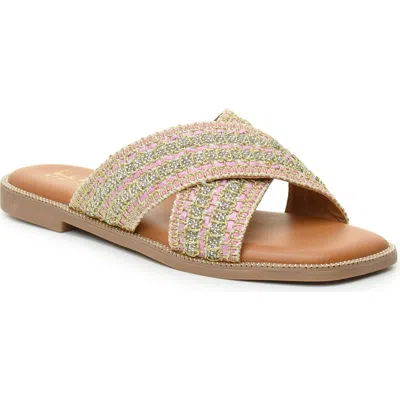 Nicole Miller Criss Cross Slide Sandal In Pink Gold Multi