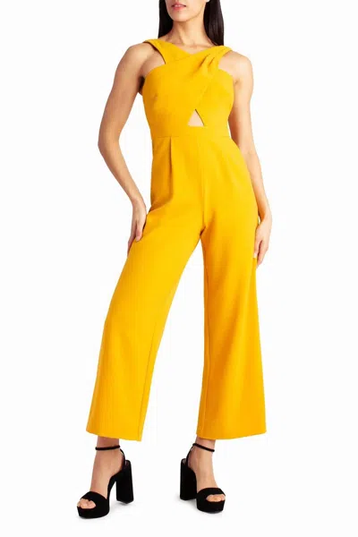 Nicole Miller Crisscross Halter Neck Keyhole Front Pleated Stretch Crepe Jumpsuit In Golden Orange In Yellow