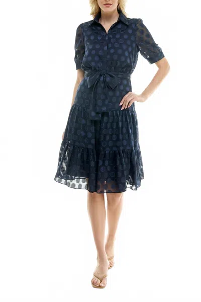 Nicole Miller Dotted Collared Belted Shirt Dress In Navy In Blue