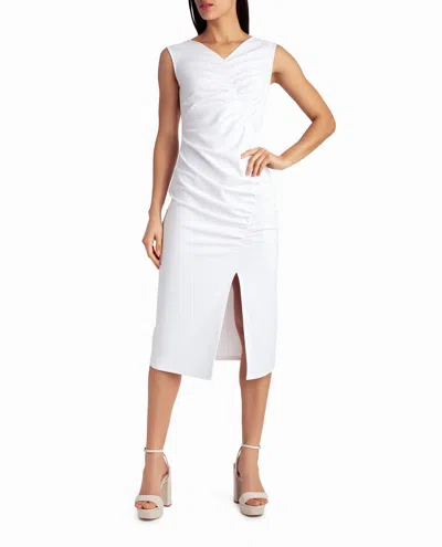 Nicole Miller Ella Crepe Ruched Midi Dress In Brilliant White