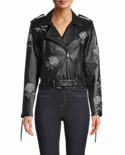 Nicole Miller Embellished Rose Moto Jacket In Black Embellished Rose In Multi