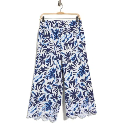 Nicole Miller Embroidered Eyelet Hem Wide Leg Pull-on Pants In Blue